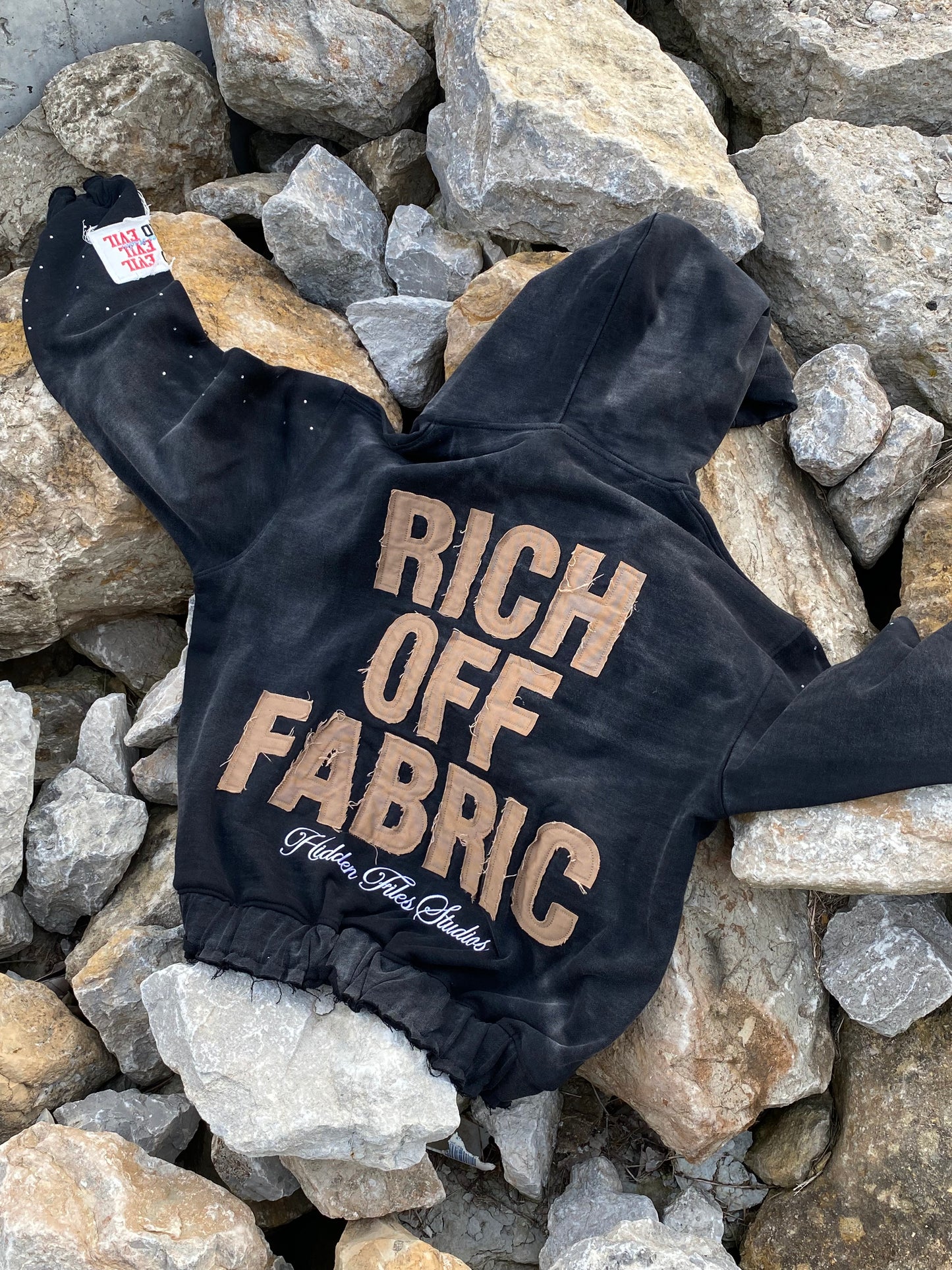 Black “rich off fabric” rhinestone zip up
