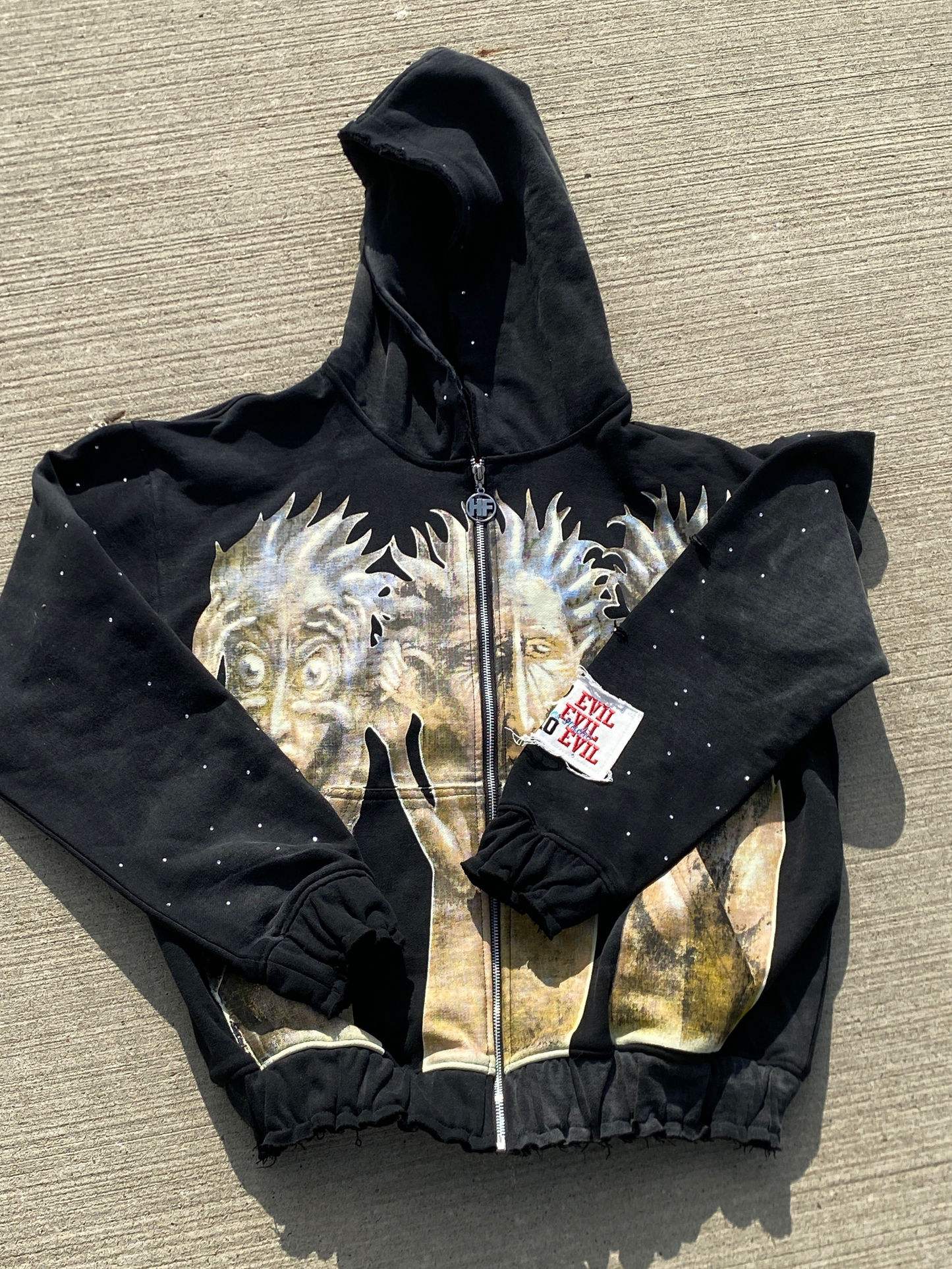 Black “rich off fabric” rhinestone zip up